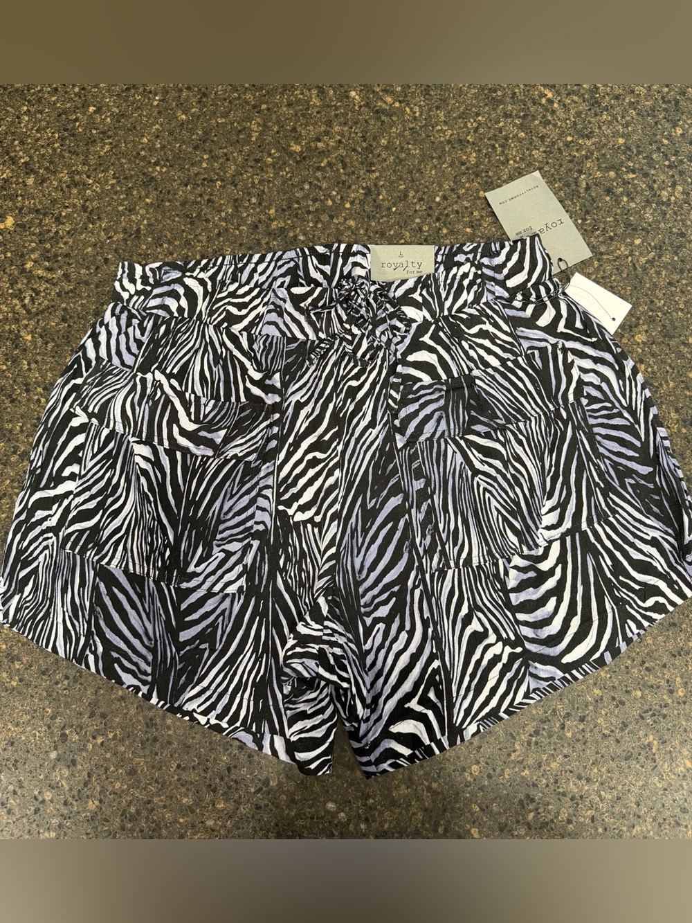 NWT Royalty For Me Black Purple White Zebra Women's Cargo Elastic Waist Shorts